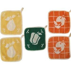 Set 5 Vintage 1970s MCM POT HOLDERS HOT PADS Fruit Pear Orange Pepper Terrycloth